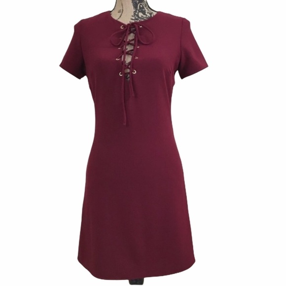 LULUS Burgundy Lace-up Short Sleeve Dress - Picture 3 of 6